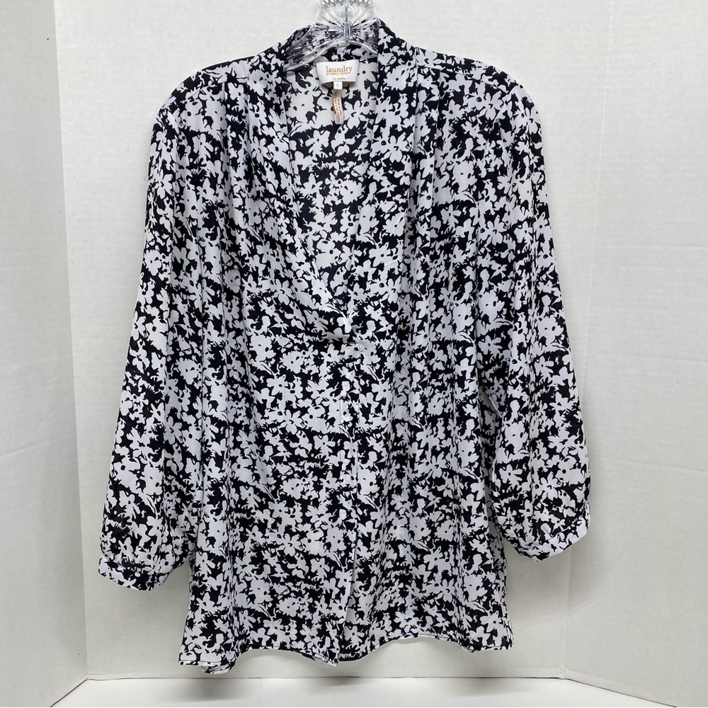 Laundry By Shelli Segal Large Black White Floral Flowy LongSleeve V Neck Casual